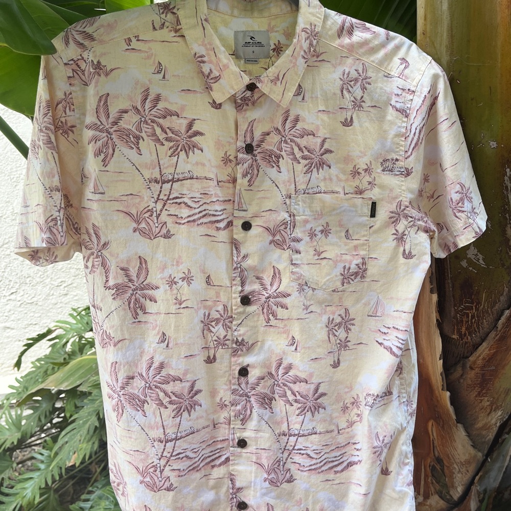 Rip Curl, Hawaiian Button Down Shirt, short sleeves, men S, cream/yellow/pink